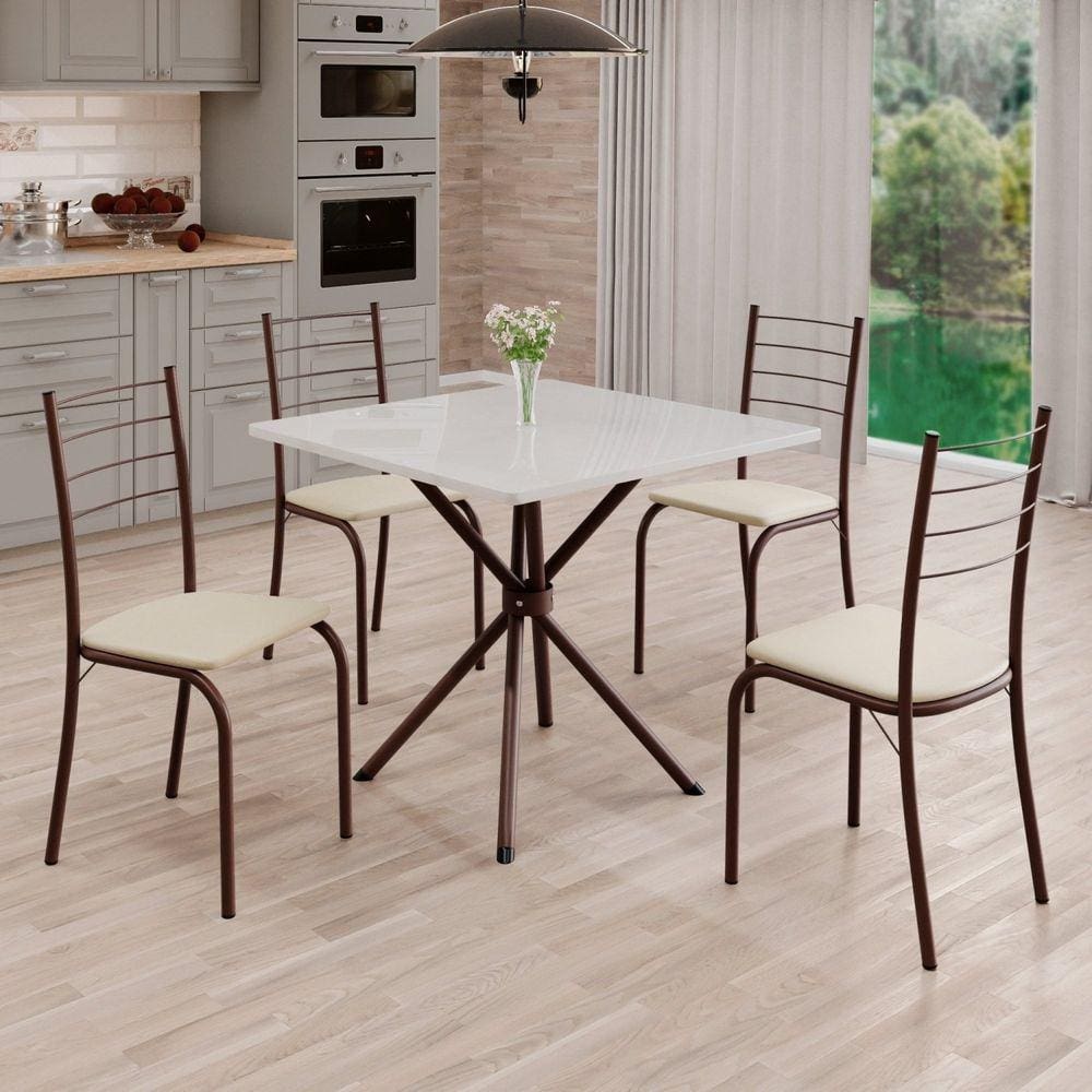 Conjunto Sala de Jantar Mesa Quadrada 70x70cm Tampo Madeira Mdp 4 Cadeiras Rio Creme / Marrom