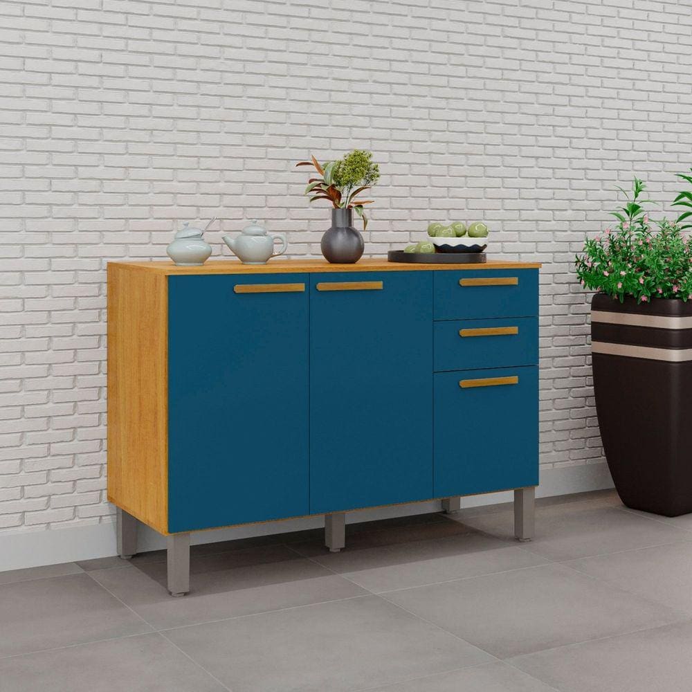Balcão para Cozinha 3 Portas 2 Gavetas Anne Cinamomo / Azul Turquesa