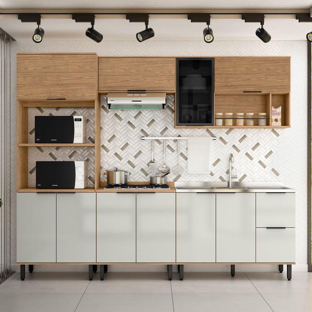 Cozinha Modulada Toscana 5 Peças em Mdf com Aéreo 1200 Porta de Vidro e Torre Quente 2 Fornos Freijó/Off White