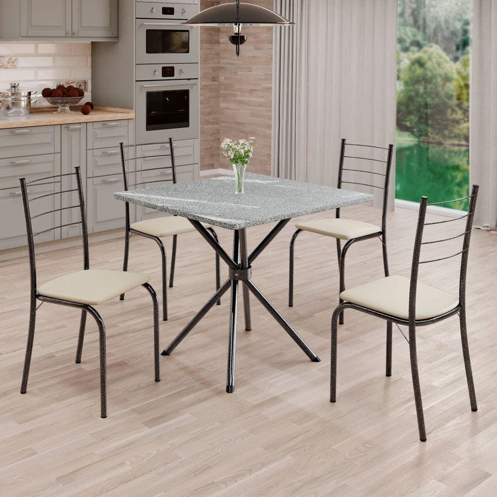 Conjunto Sala de Jantar Mesa Quadrada 70x70cm Tampo Granito Topázio 4 Cadeiras Rio Creme / Mart Prata