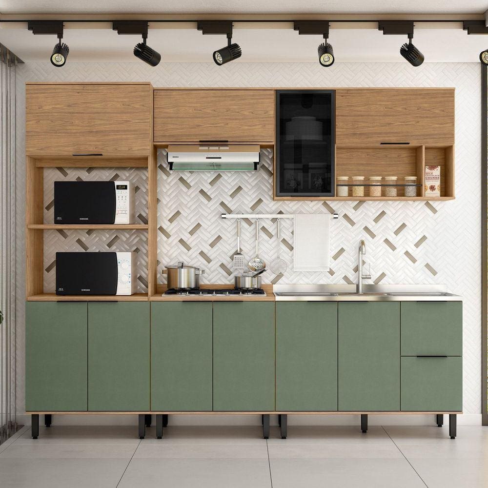 Cozinha Modulada Toscana 5 Peças em Mdf com Aéreo 1200 Porta de Vidro e Torre Quente 2 Fornos Freijó/Jade
