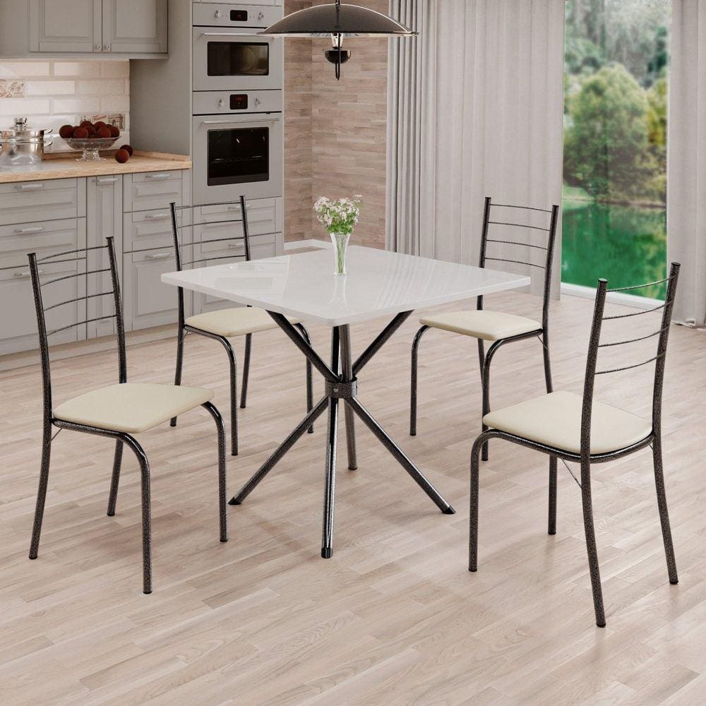 Conjunto Sala de Jantar Mesa Quadrada 70x70cm Tampo Madeira Mdp 4 Cadeiras Rio Creme / Mart Prata
