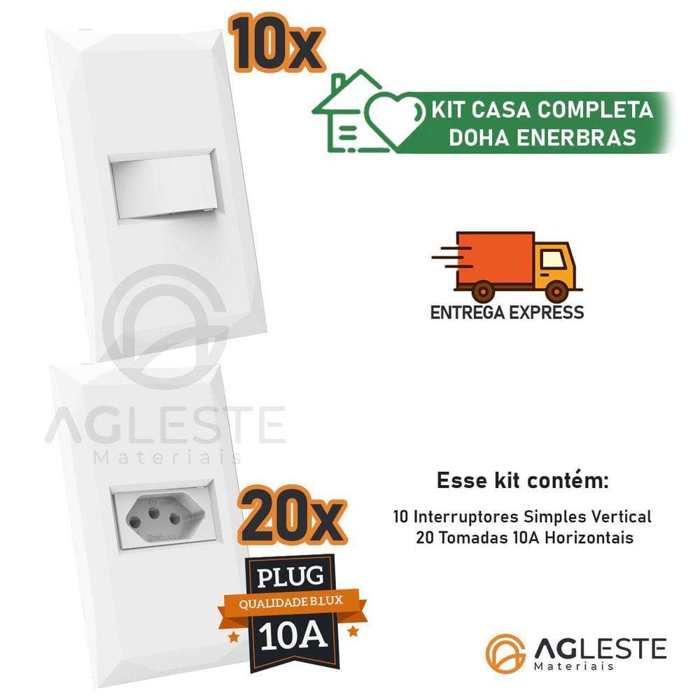 Kit 10 Cj Interruptor Simples +20 Tomada 10A 4X2 Doha Branco