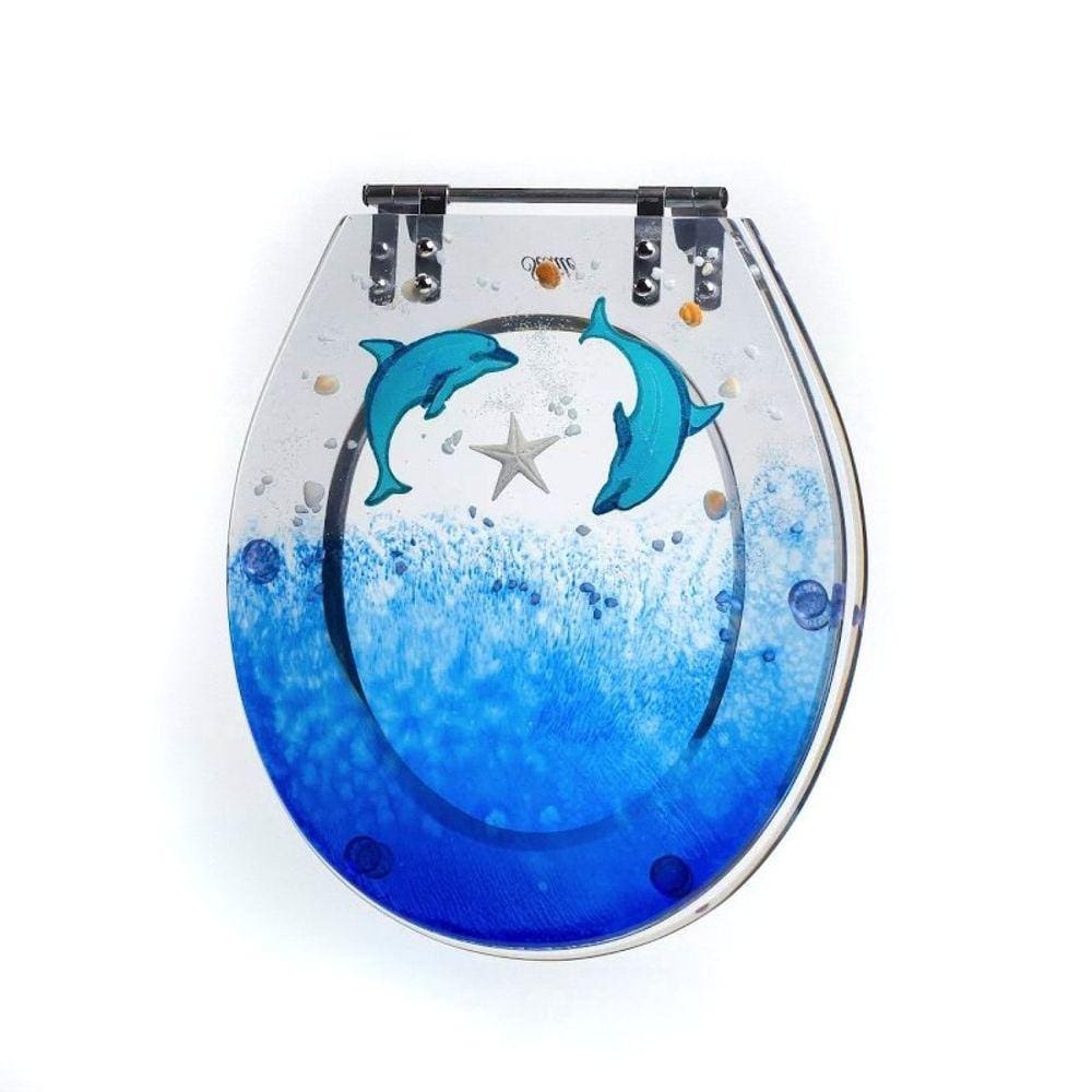 Assento Sanitário Poliéster para Louça Victória ideal Standard Aço Decorado `golfinho` Azul Translucido