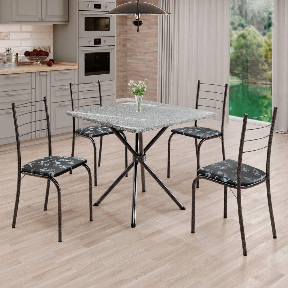 Conjunto Sala de Jantar Mesa Quadrada 70x70cm Tampo Granito Topázio 4 Cadeiras Rio Preto Floral / Mart Prata