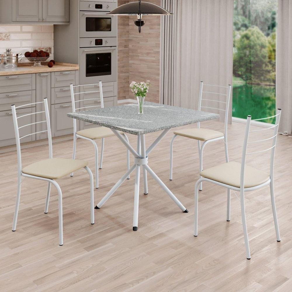 Conjunto Sala de Jantar Mesa Quadrada 70x70cm Tampo Granito Topázio 4 Cadeiras Rio Creme / Branco