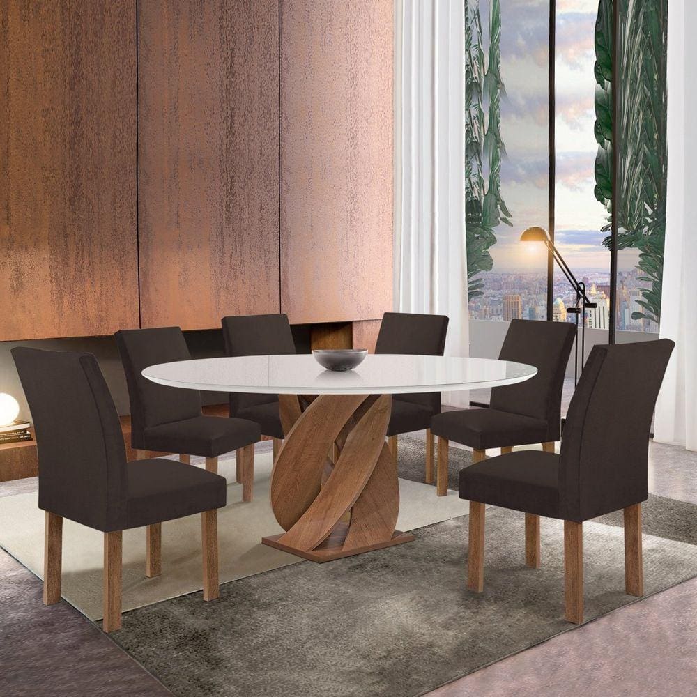 Conjunto Mesa Luna 120cm com 6 Cadeiras Canela Tampo Redondo Plus com Vidro Chocolate/Off White/Marrom