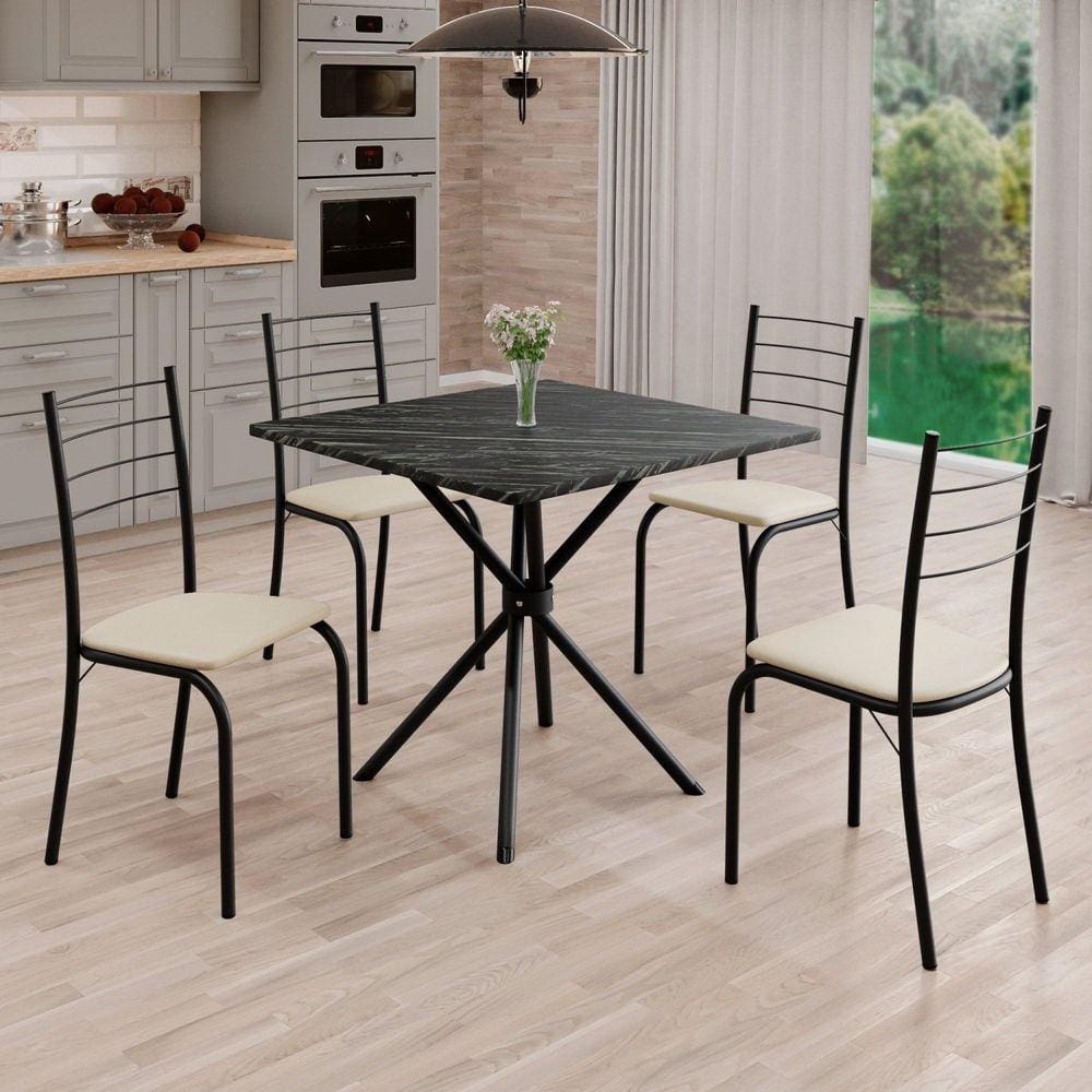 Conjunto Sala de Jantar Mesa Quadrada 70x70cm Tampo Ardósia Indiana 4 Cadeiras Rio Creme / Preto Fosco