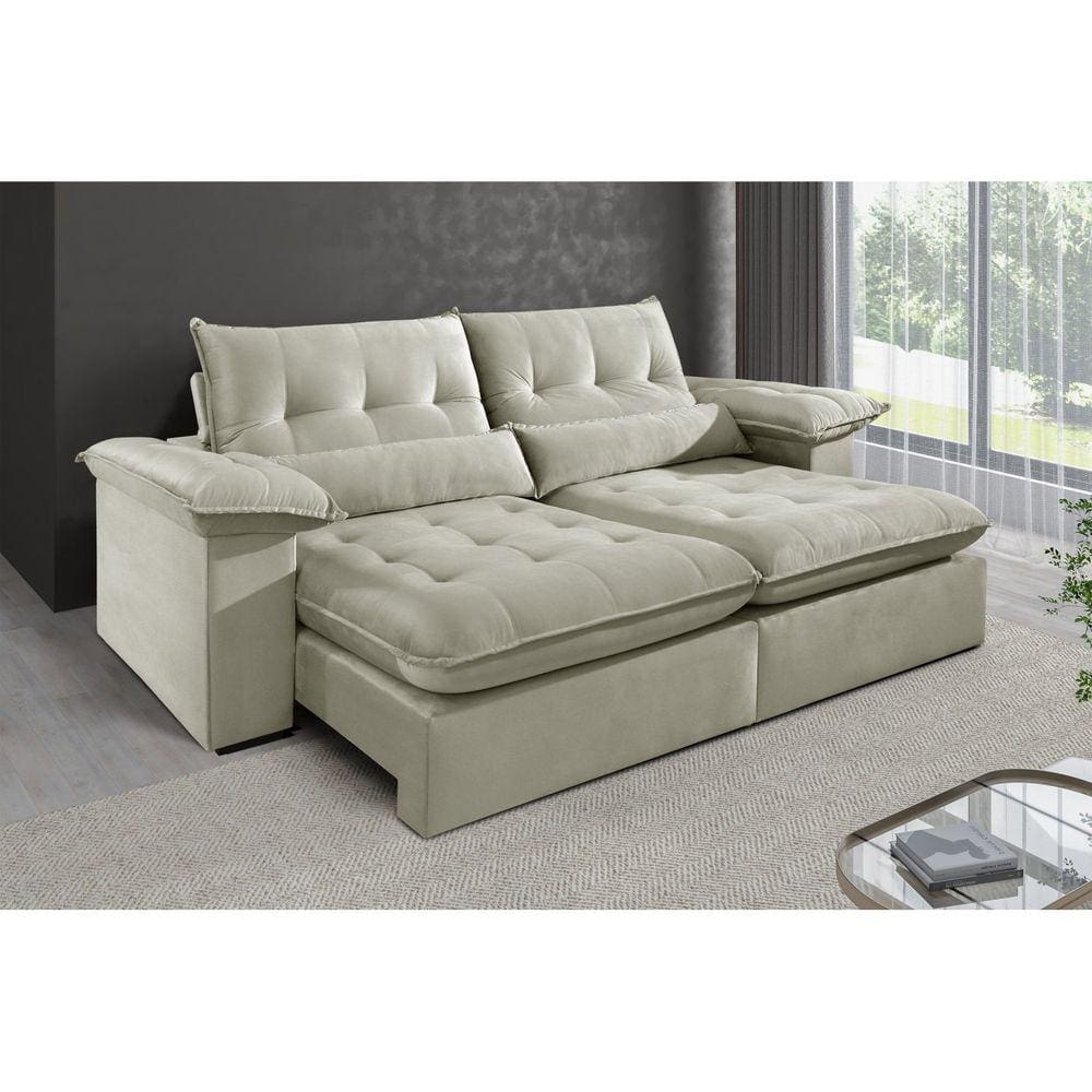 Sofá 3 Lugares Retrátil e Reclinável Mônaco Veludo com Molas Ensacadas Bege