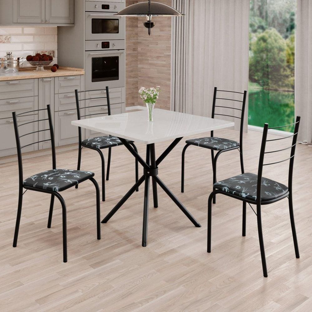 Conjunto Sala de Jantar Mesa Quadrada 70x70cm Tampo Madeira Mdp 4 Cadeiras Rio Preto Floral / Preto Fosco
