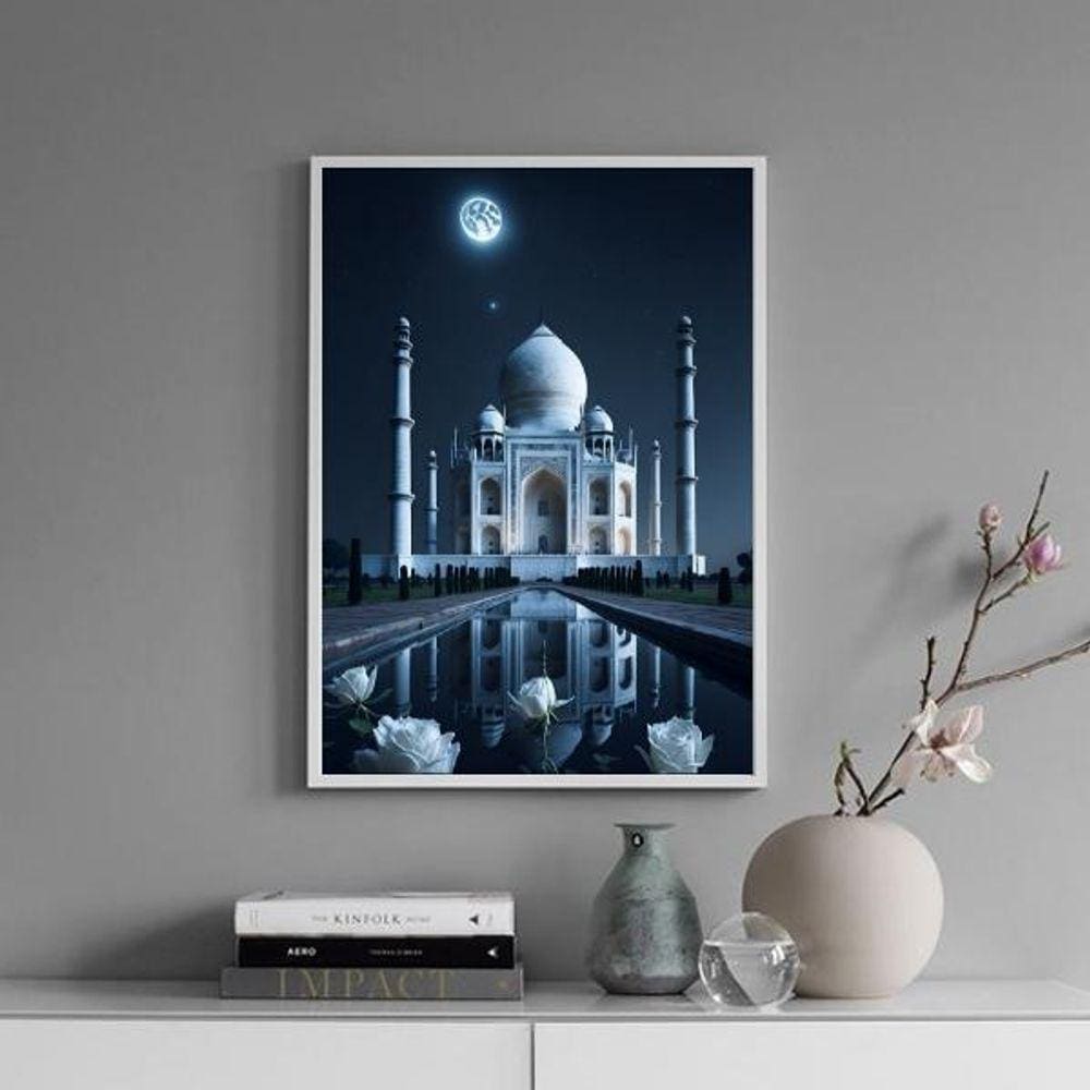 Quadro Taj Mahal - Noite Lua Cheia 33X24Cm - Com Vidro