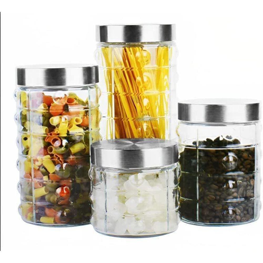 Conjunto De Vidro Incolor Tampa Inox Porta Mantimentos