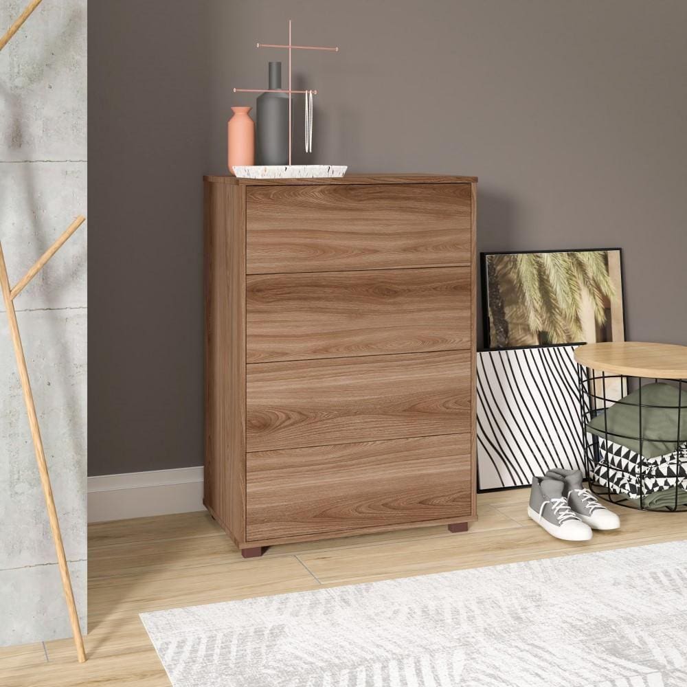 Sapateira Balcão Cômoda Multiuso Organizador Quarto Sala 4 Portas 12 Pares Basculante Marrom Madeira