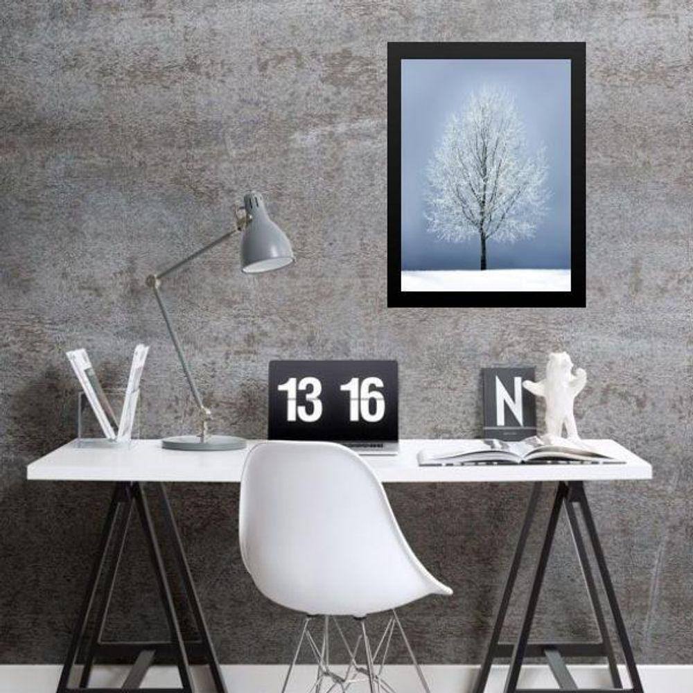 Quadro Fotografia Árvore Neve- Cinza E Branco 45X34Cm