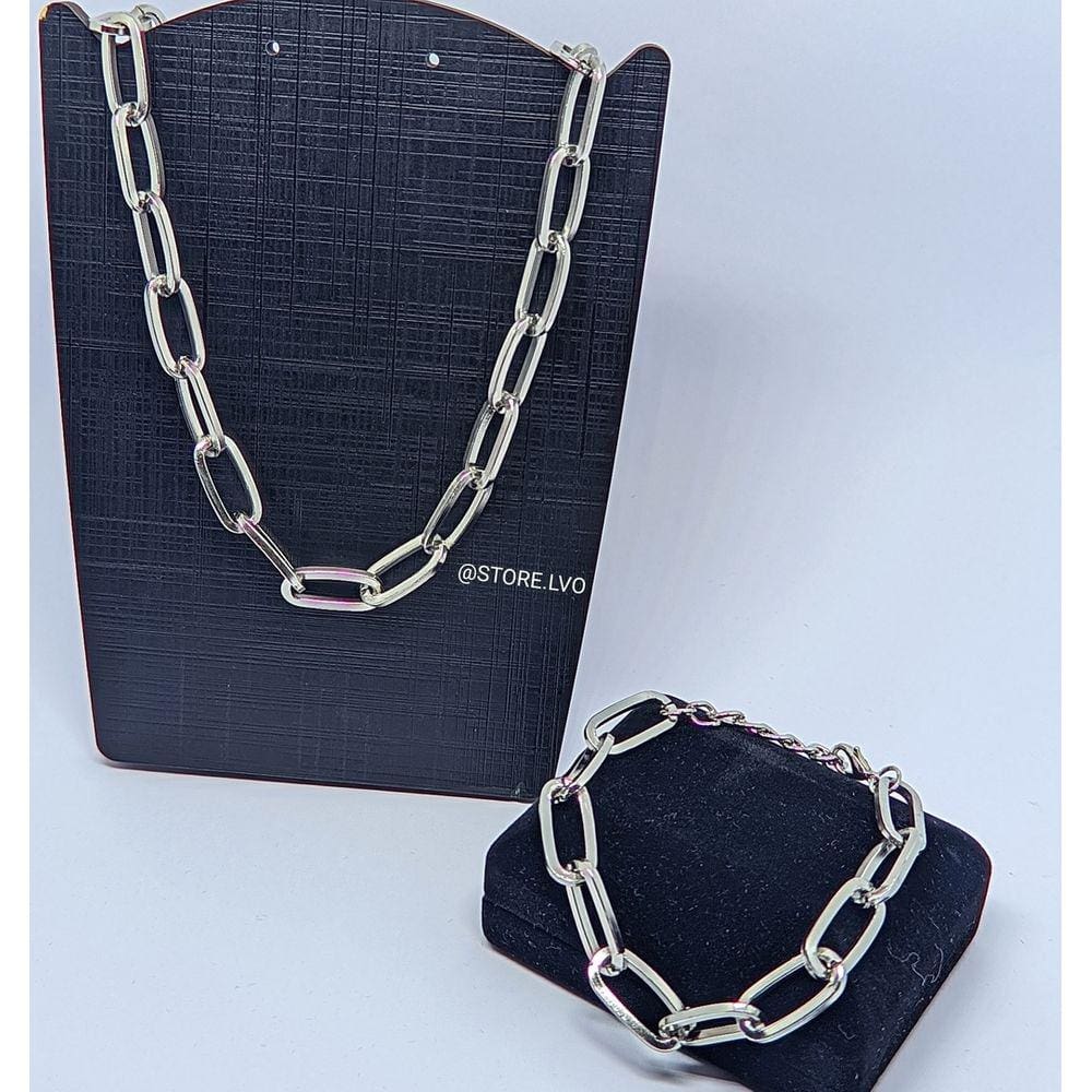 Kit Conjunto Colar Choker e Pulseira Corrente Elo grande Quadrado Folheado Ouro Dourado Prata Acessório Moda Luxo