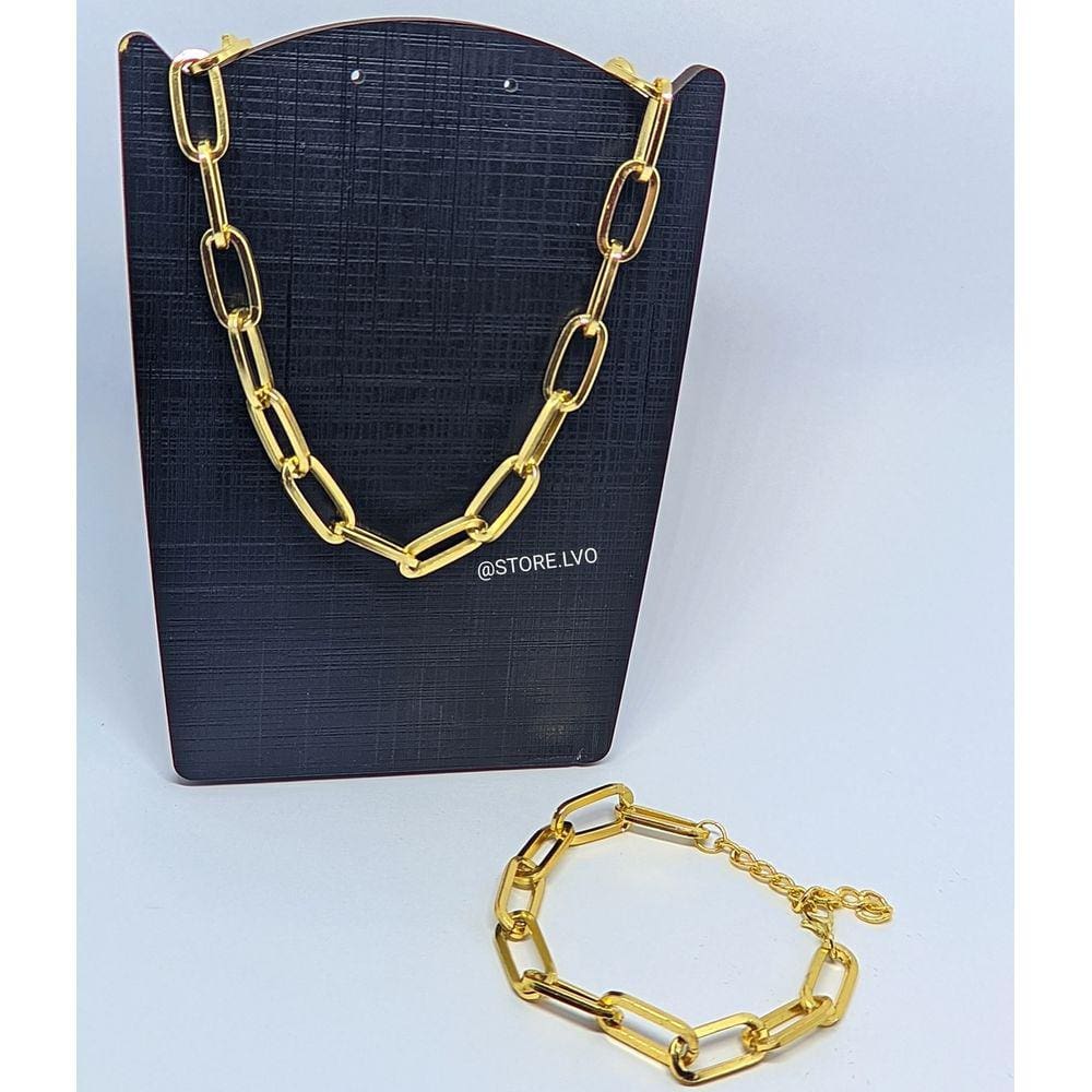 Kit Conjunto Colar Choker e Pulseira Corrente Elo grande Quadrado Folheado Ouro Dourado Prata Acessório Moda Luxo