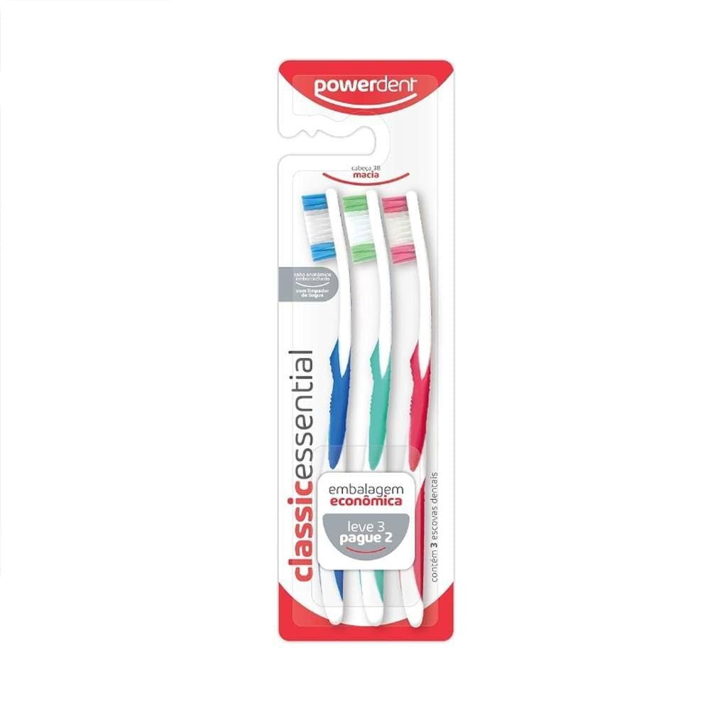 Kit Escova Dental Classic Essential Powerdent Macia 3 Unidades