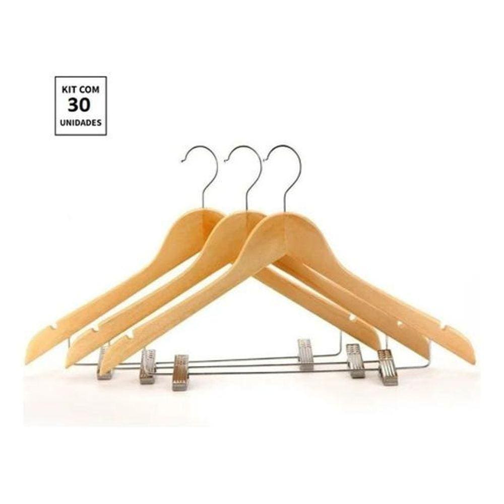 Kit 30X Cabides De Madeira Com Presilha Verniz Marfim Roupa
