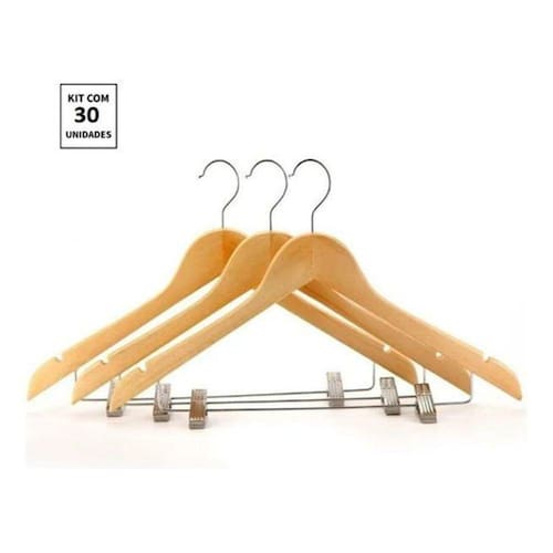 imagem-Kit 30X Cabides De Madeira Com Presilha Verniz Marfim Roupa