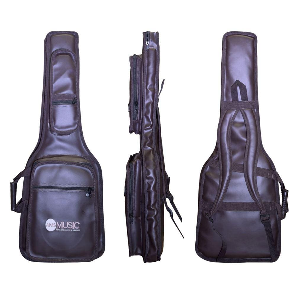 CAPA P/ GUITARRA PREMIUM COURO \"AMS\" MARROM