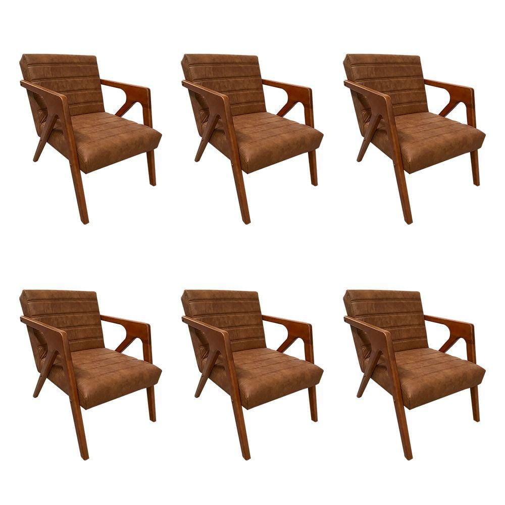 Kit 6 Poltronas para Sala de Tv Decorativa Ísis Couríssimo Marrom Pés em Madeira Maciça