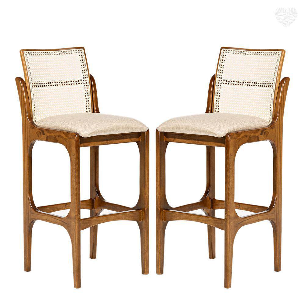 Kit 2 Banquetas para Cozinha Americana Lisboa Encosto Rattan Madeira Imbuia Linho Bege M58 RMI