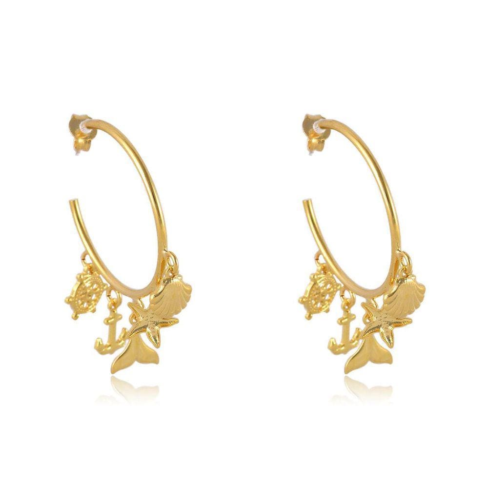 Brinco Argola Médio c/ Pingente Marinho Folheado - Ouro 18k