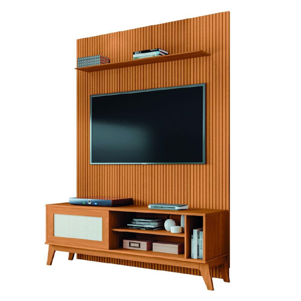 Rack Bancada Caribe Com Painel Para TV Até 55 Polegadas 1,35m Egeo Cedro Ripado Impressão 3D EDN