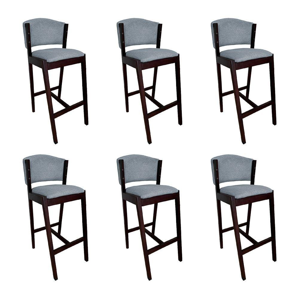 Kit 6 Banquetas Alta de Madeira Maciça Castanho Premium Ana com Encosto Linho Cinza