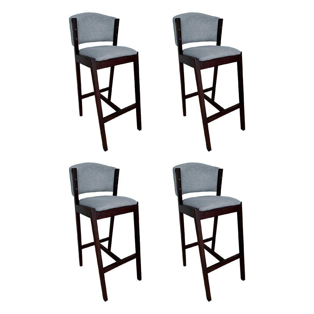 Kit 4 Banquetas Alta de Madeira Maciça Castanho Premium Ana com Encosto Linho Cinza