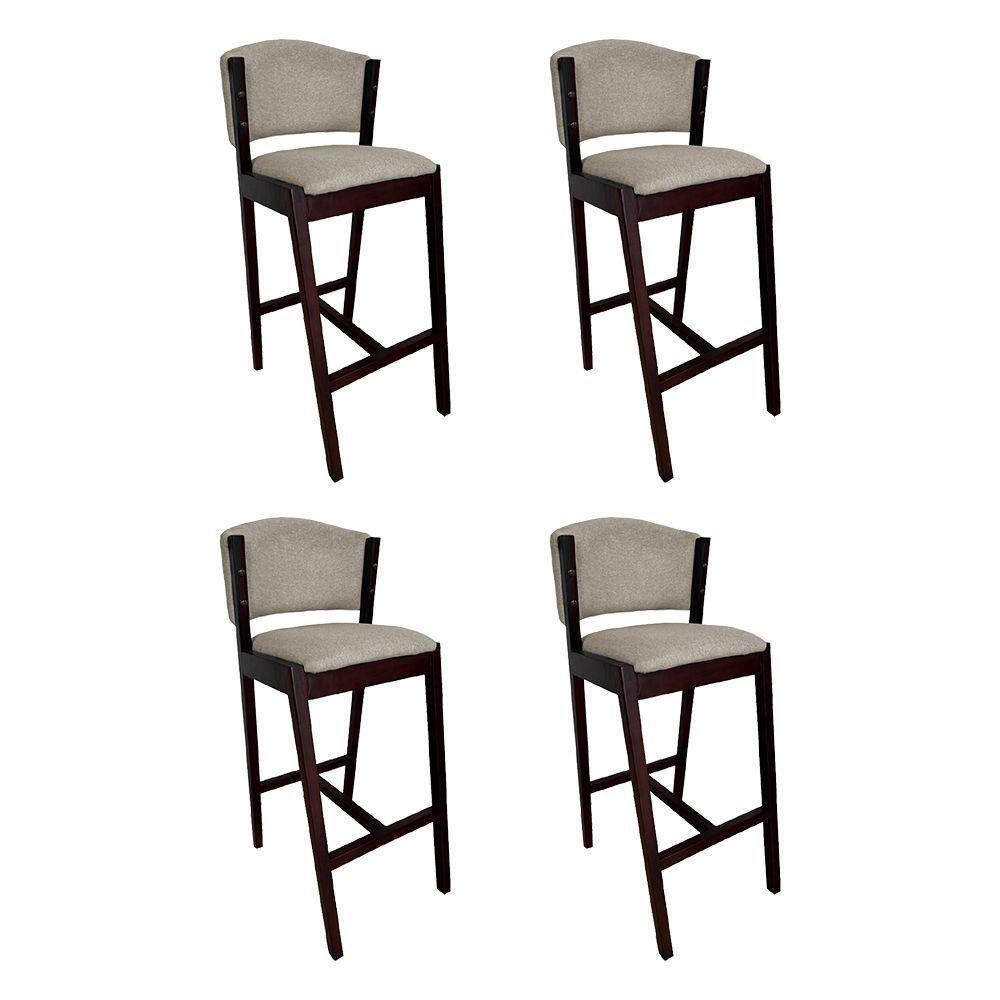 Kit 4 Banquetas Alta de Madeira Maciça Castanho Premium Ana com Encosto Linho Bege