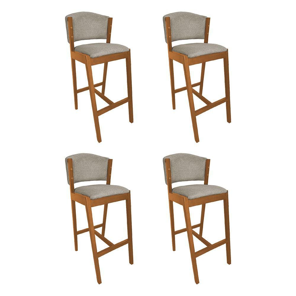 Kit 4 Banquetas Alta de Madeira Maciça Cerejeira Premium Ana com Encosto Linho Bege