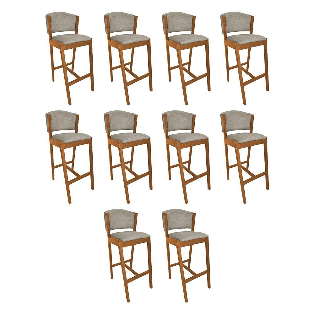 Kit 10 Banquetas Alta de Madeira Maciça Cerejeira Premium Ana com Encosto Linho Bege