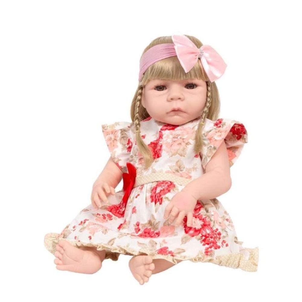 Boneca Reborn Bebê Loira Vestido Florido Kit 13 Acessórios