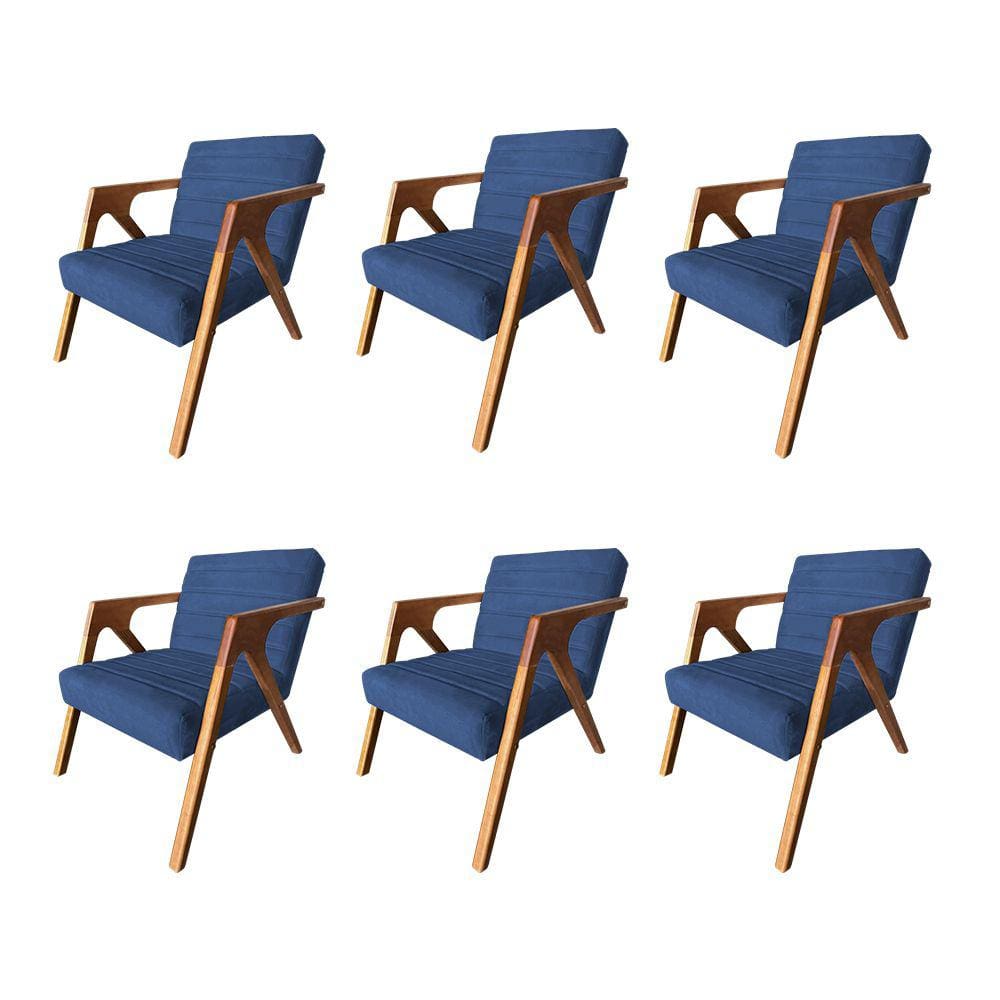 Kit 6 Poltronas Decorativa Ísis em Veludo Azul Base em Madeira Maciça