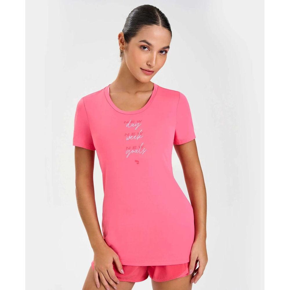 T-Shirt Skin Fit Inspiracional Alto Giro Rosa Camelia