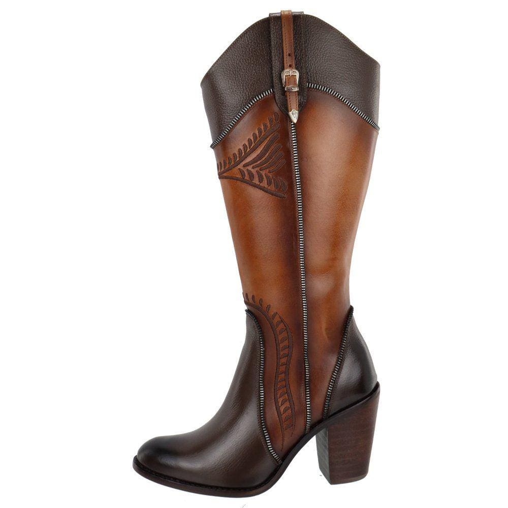 Bota Couro Texana Country Feminina Cano Alto Longo Salto Alto Bloco Detalhe Bordados e Ziper Festa do Peao