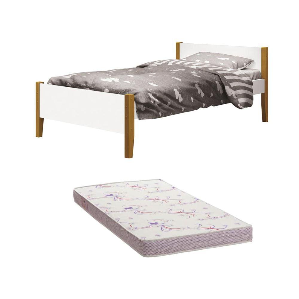Cama Solteiro Simba Branco Fosco com Pés em Madeira com Colchão D20 188 x 88 x 12 cm - Reller