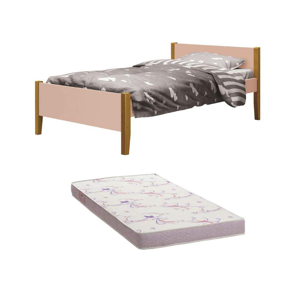 Cama Solteiro Simba Rosa Fosco com Pés em Madeira com Colchão D20 188 x 88 x 12 cm - Reller