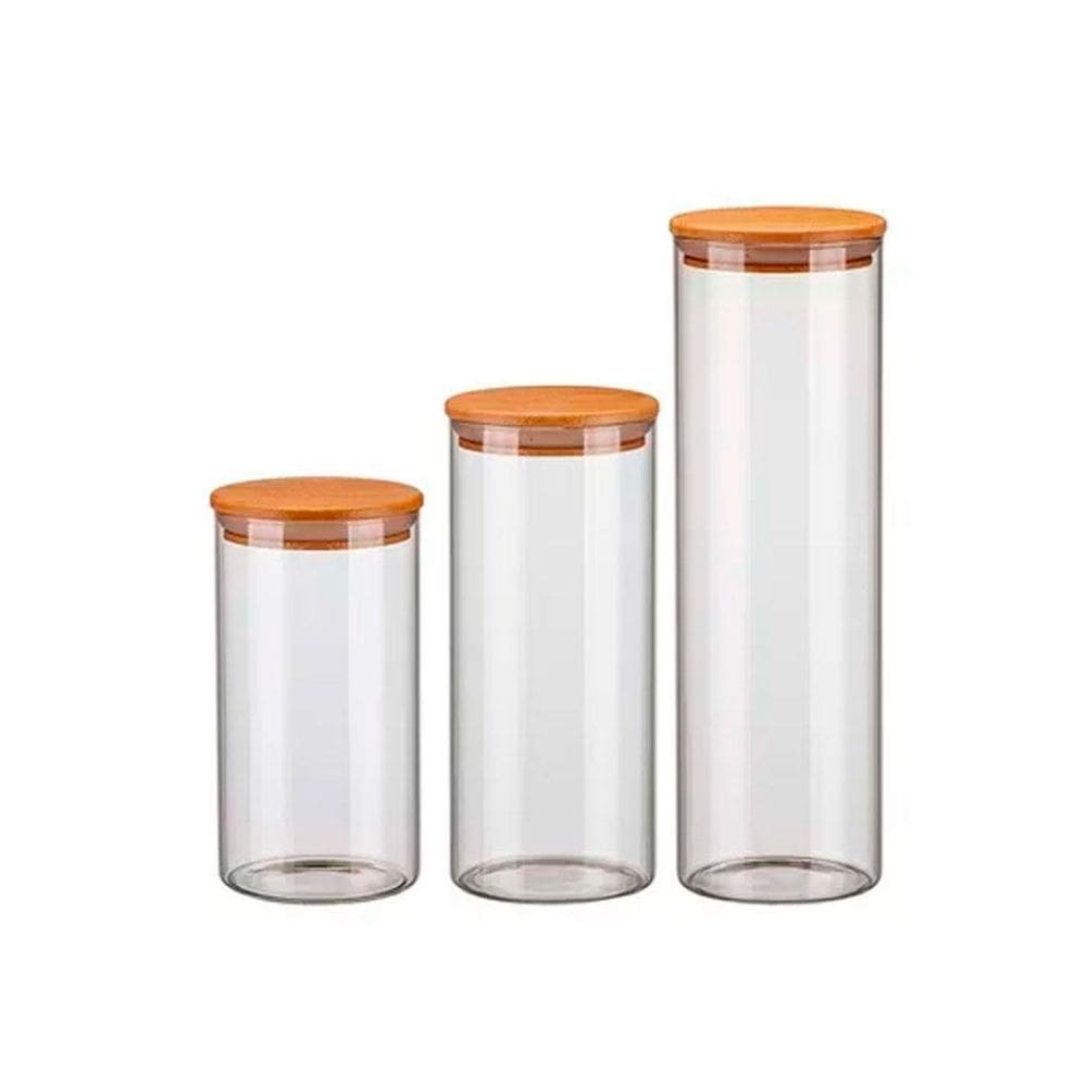 Kit 3 Potes Vidro Porta Condimentos Tampa Madeira Bambu