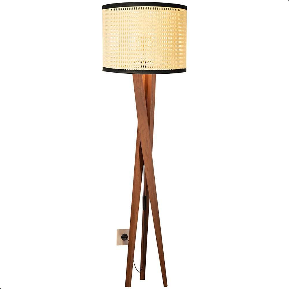 Luminária de Chão Paris com Pés de Madeira e Tela Indiana Borda Preto 158cm