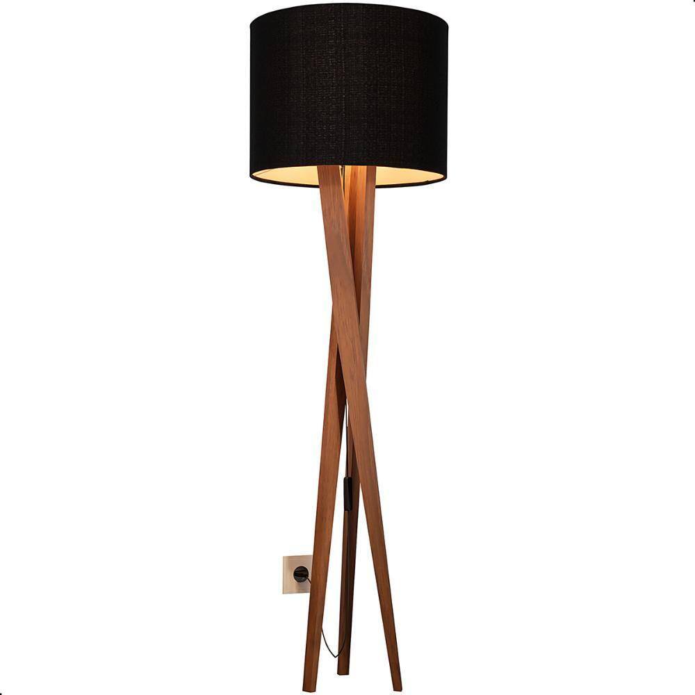 Luminária de Chão Paris com Pés de Madeira e Tecido Sapucaia Preto 158cm