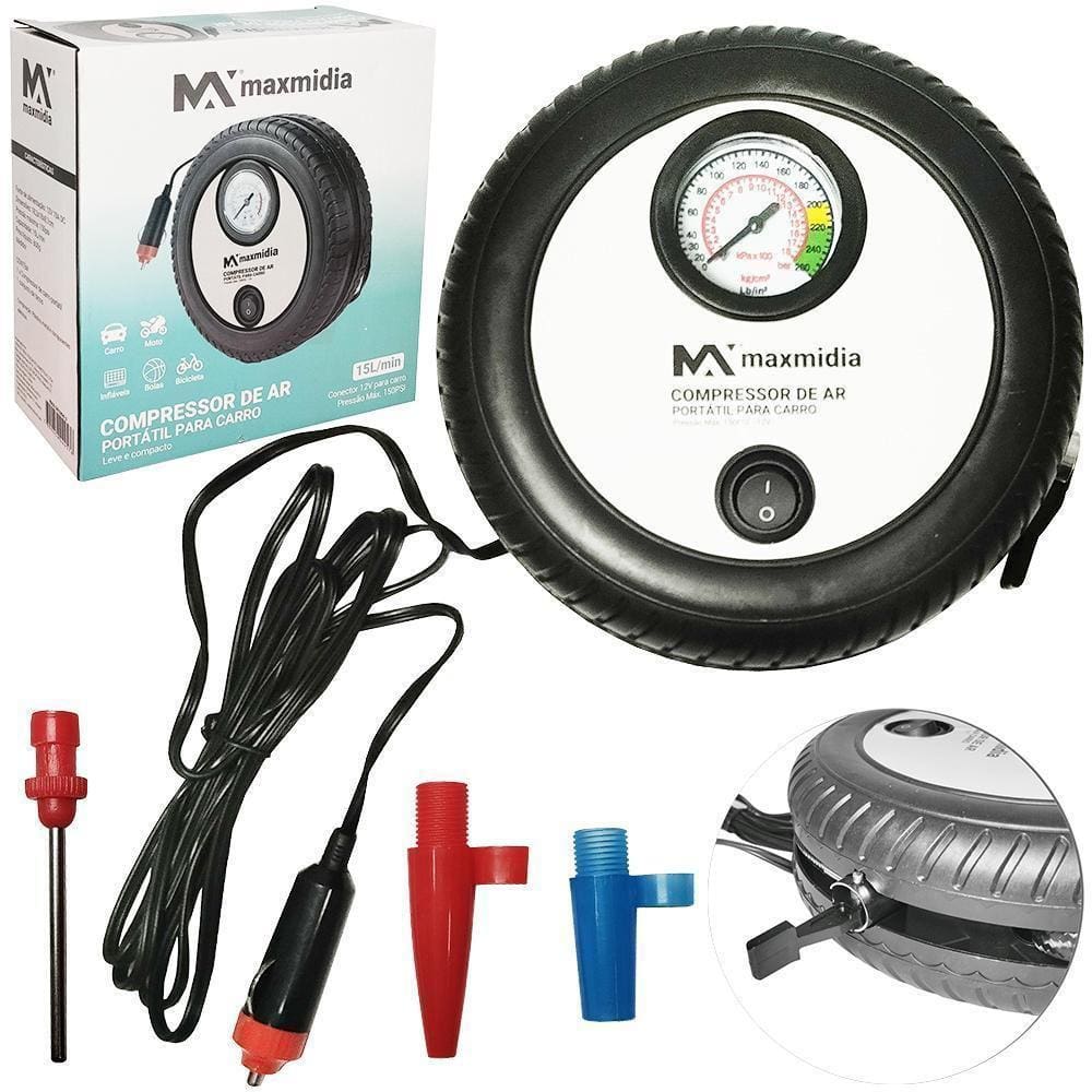 Compressor Ar Portatil Automotivo 12V Calibrador + 3 Bico