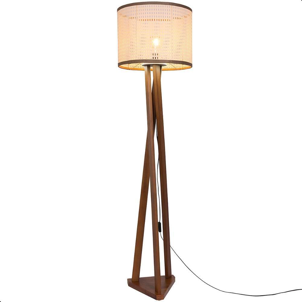 Luminária de Chão Estrela com Pés de Madeira e Tela Indiana Borda Marrom 162cm