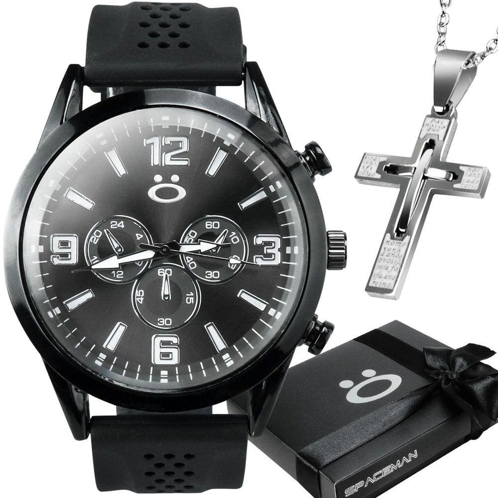 Relogio aço inoxidavel preto + cordao crucifixo + caixa religioso social silicone pulseira ajustavel