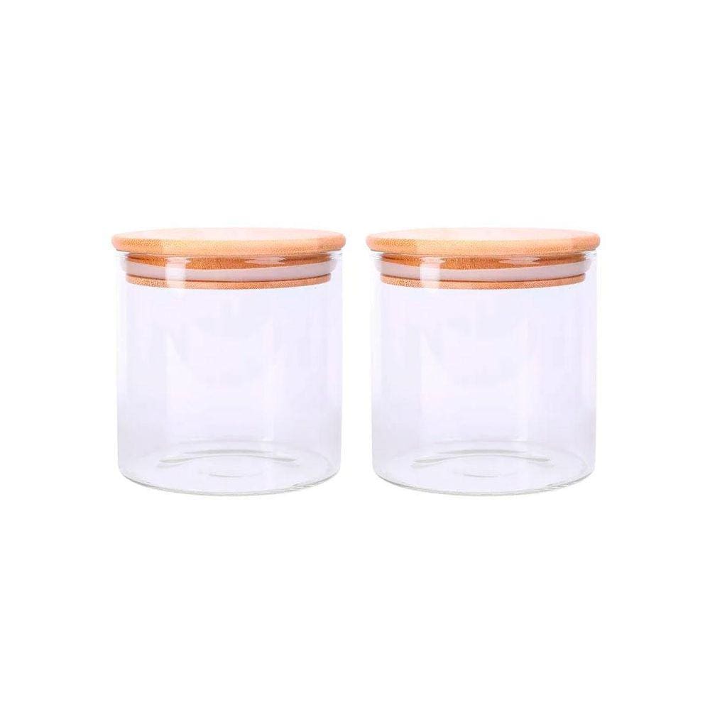 Kit 2 Potes Vidro 500Ml Tampa Madeira Bambu Porta