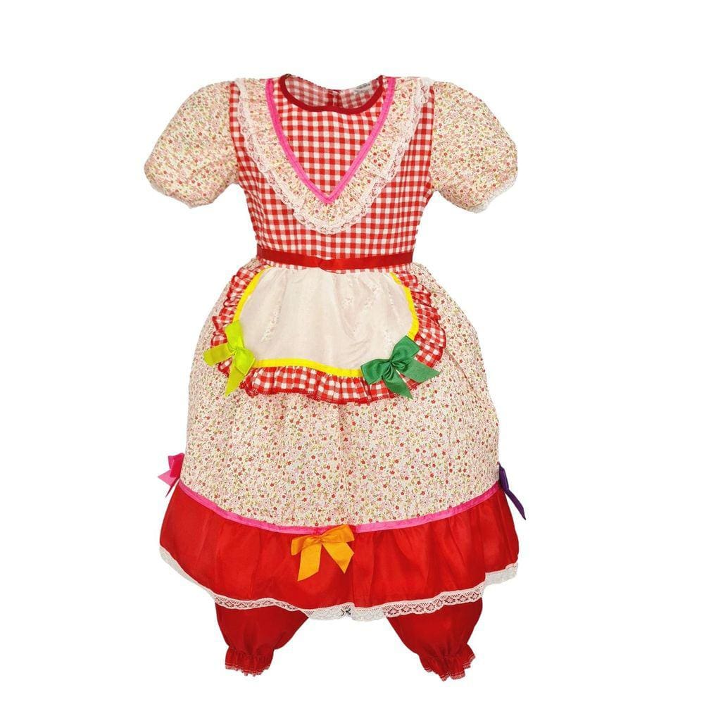 Vestido Junina Infantil Vermelho Quadriculado Floral Rodado
