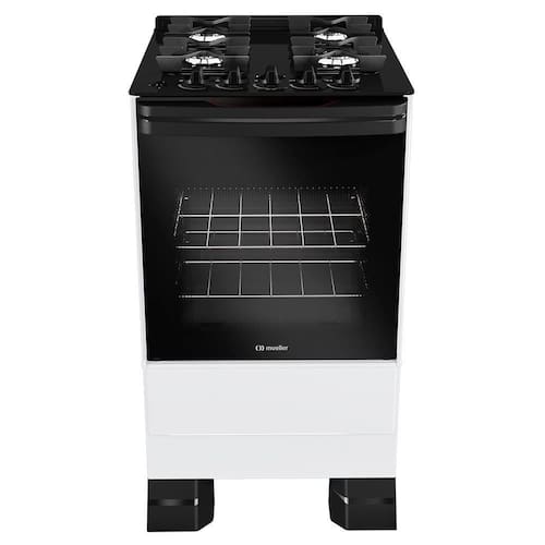 imagem-Fogão Mueller 4 bocas Branco com Mesa de Vidro e grades de ferro fundido MFV4BF  - Bivolt
