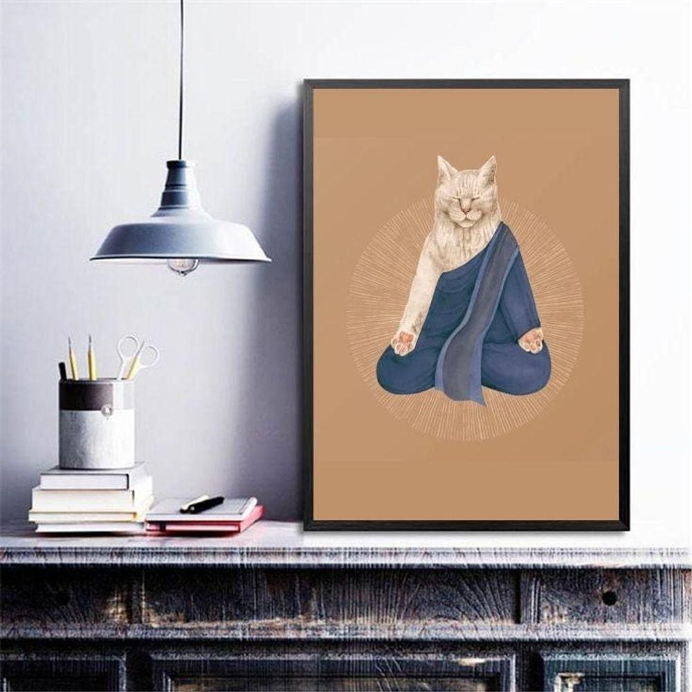 Quadro Decorativo Gato Praticando Yoga 33X24Cm - Com Vidro