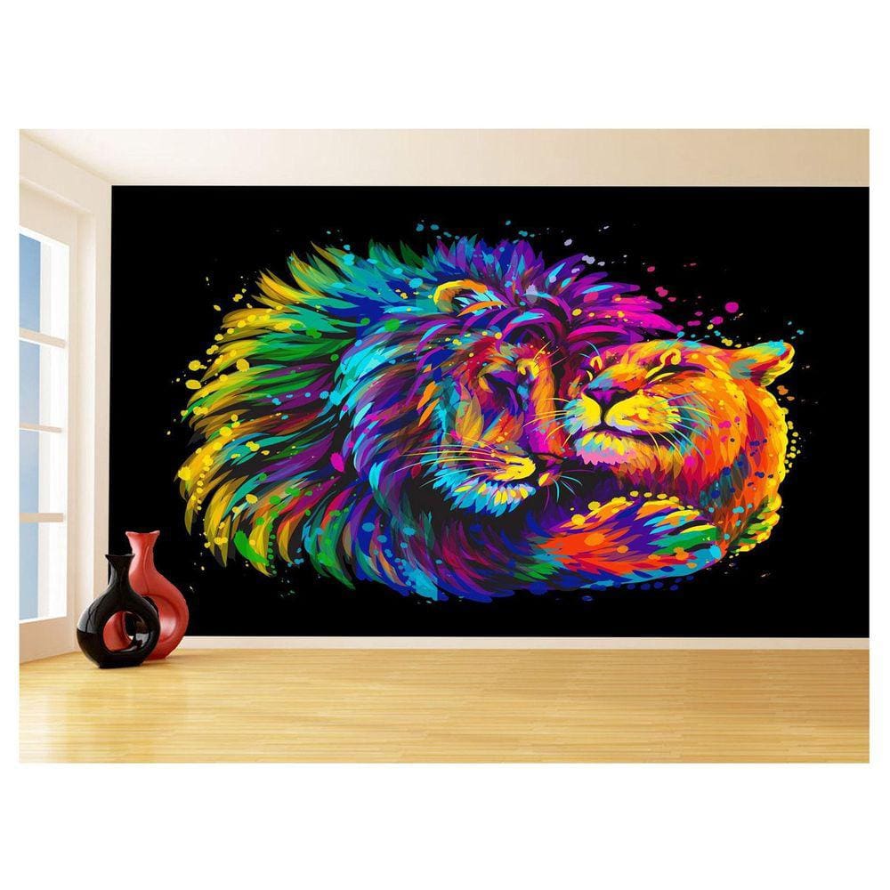 Papel De Parede 3D Animais Leão Família Casal 3,5M Anm533
